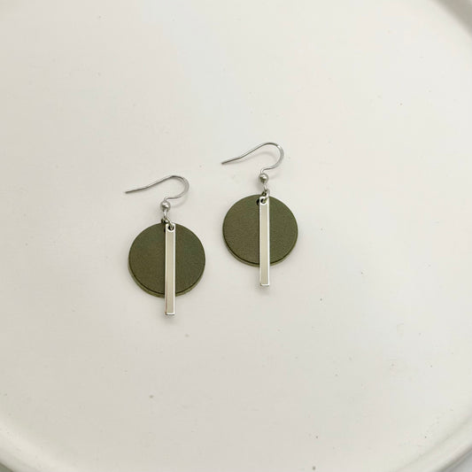 Leather Circle + Rhodium Bar Earrings | Olive