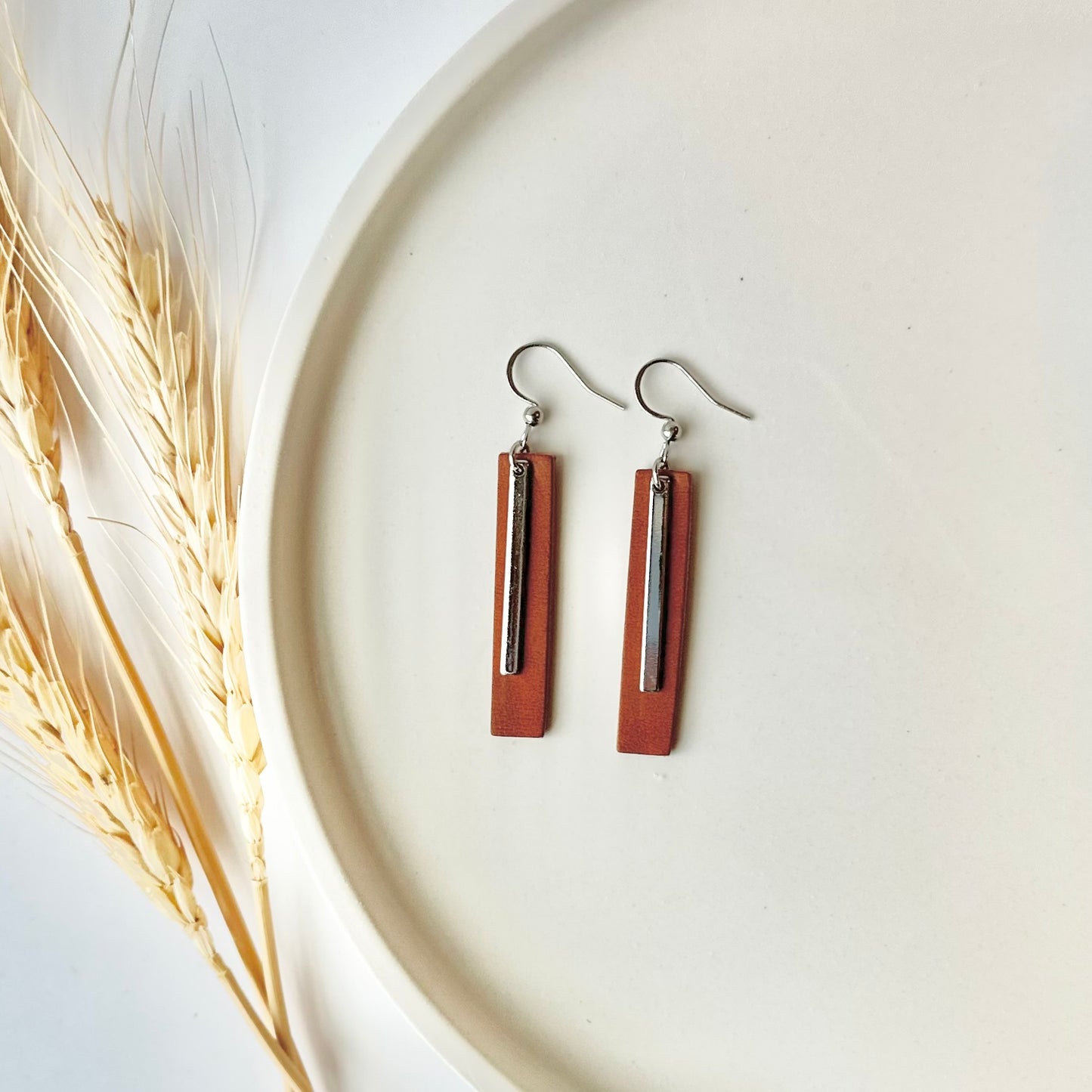 Cognac Leather Bar + Rhodium Bar Earrings