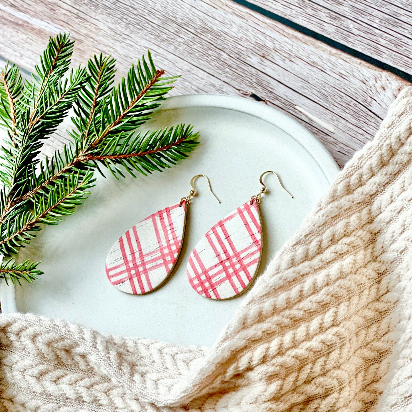 Farmhouse Plaid Cork Leather Teardrop Earrings