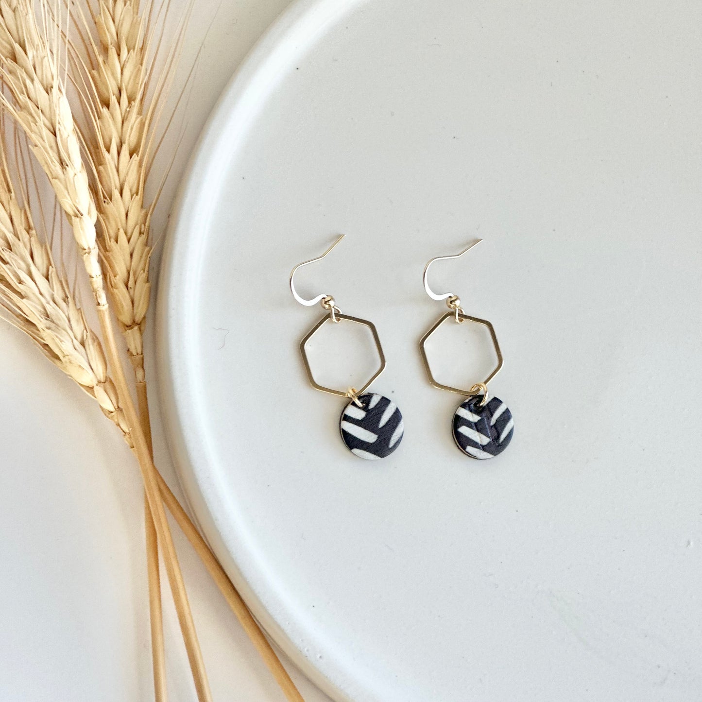 Black and White Chevron Cork Leather + Hexagon Earrings