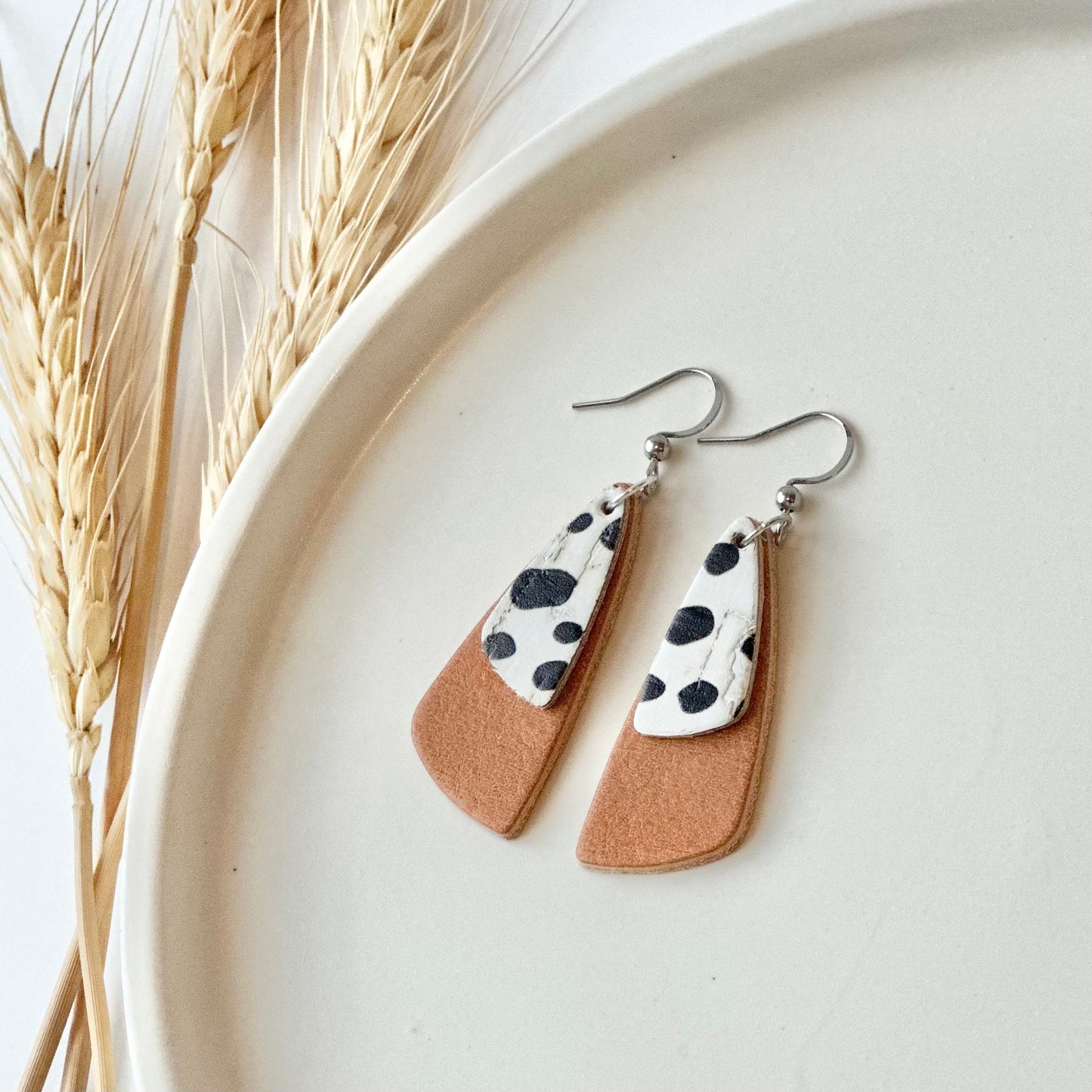 Natural Leather + Dalmatian Cork Drop Leaf Earrings