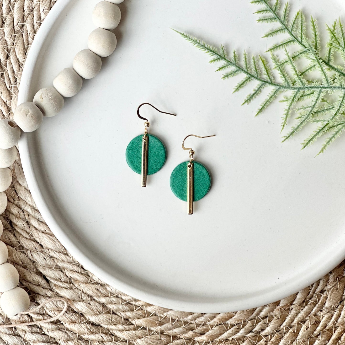 Emerald Green Leather Circle + Bar Earrings