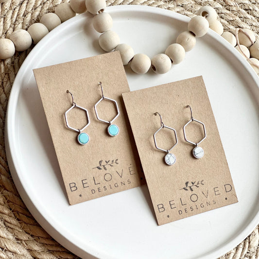 Rhodium Hexagon + Howlite Earrings