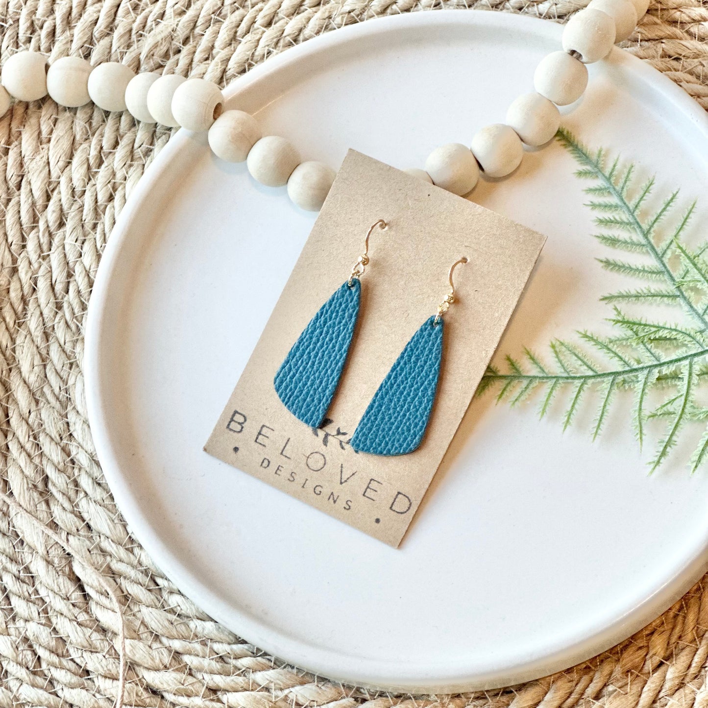 Pebbled Teal Leather Drop Leaf Earrings