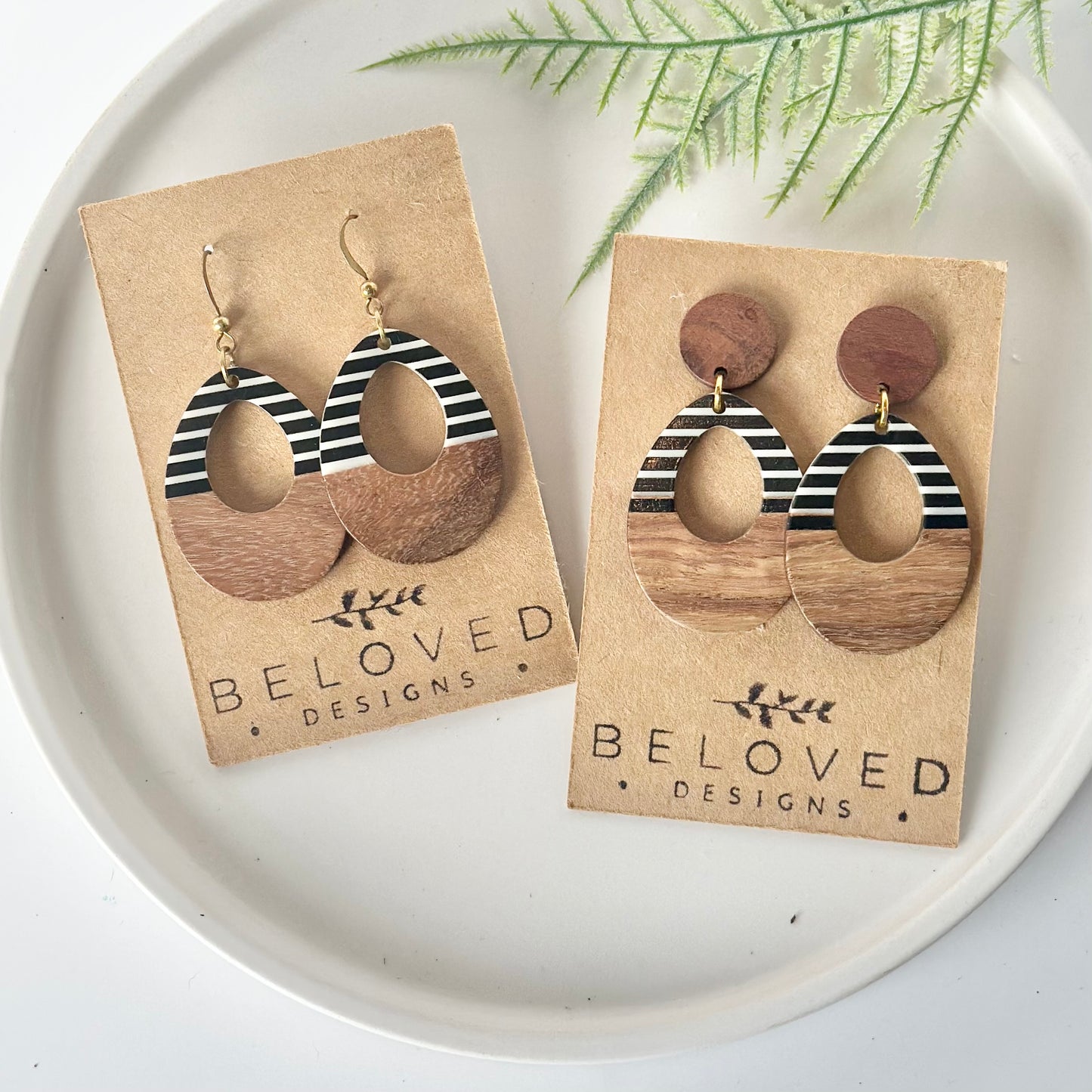 Large B + W Oval Resin + Wood Earrings