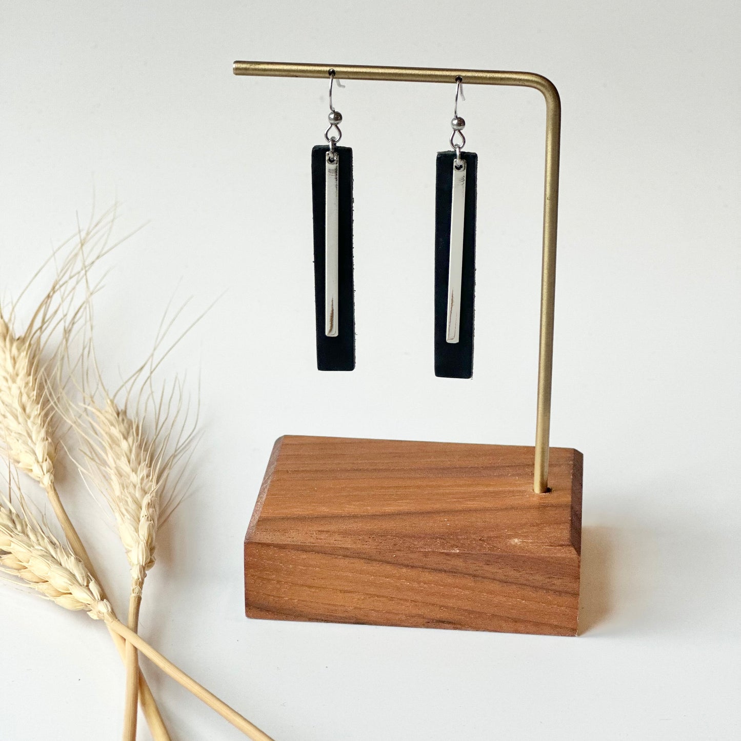 Black Leather Bar + Rhodium Bar Earrings