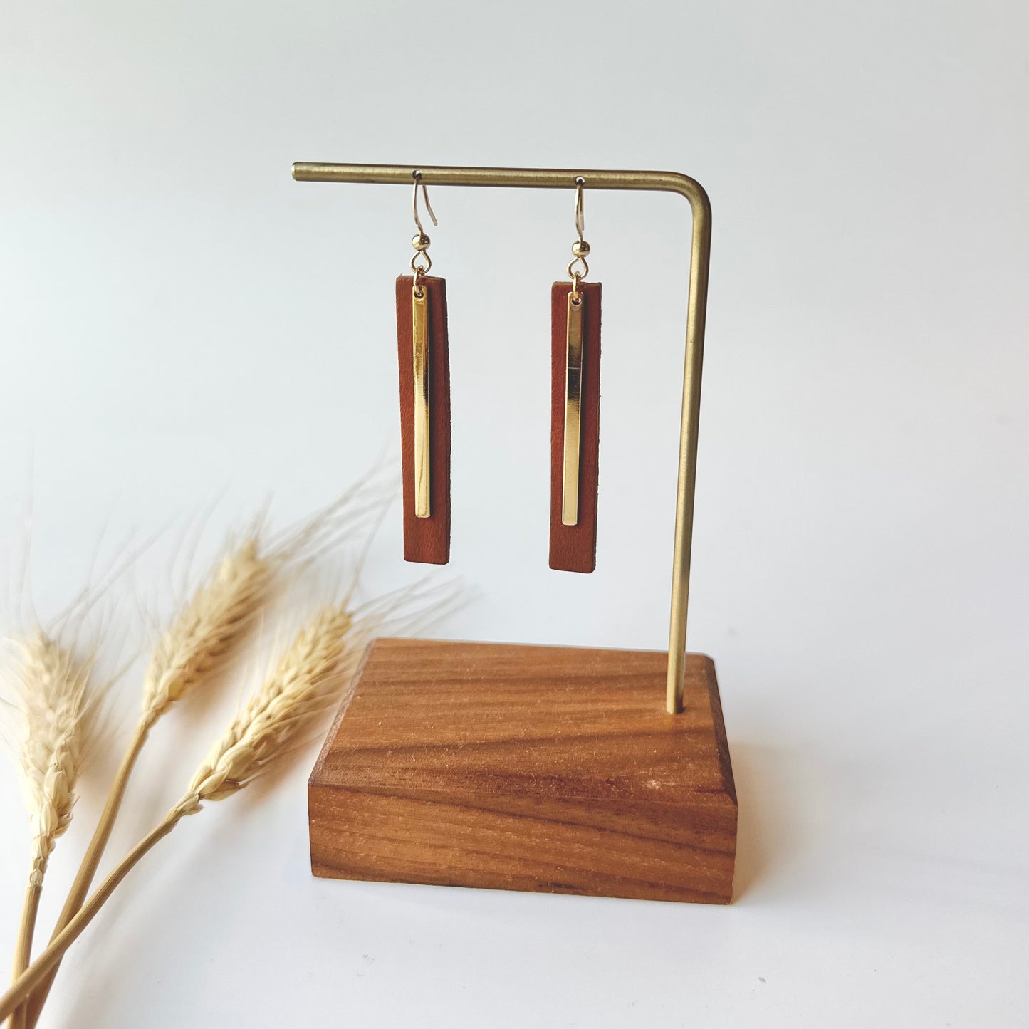 Cognac Leather Bar + Gold Bar Earrings