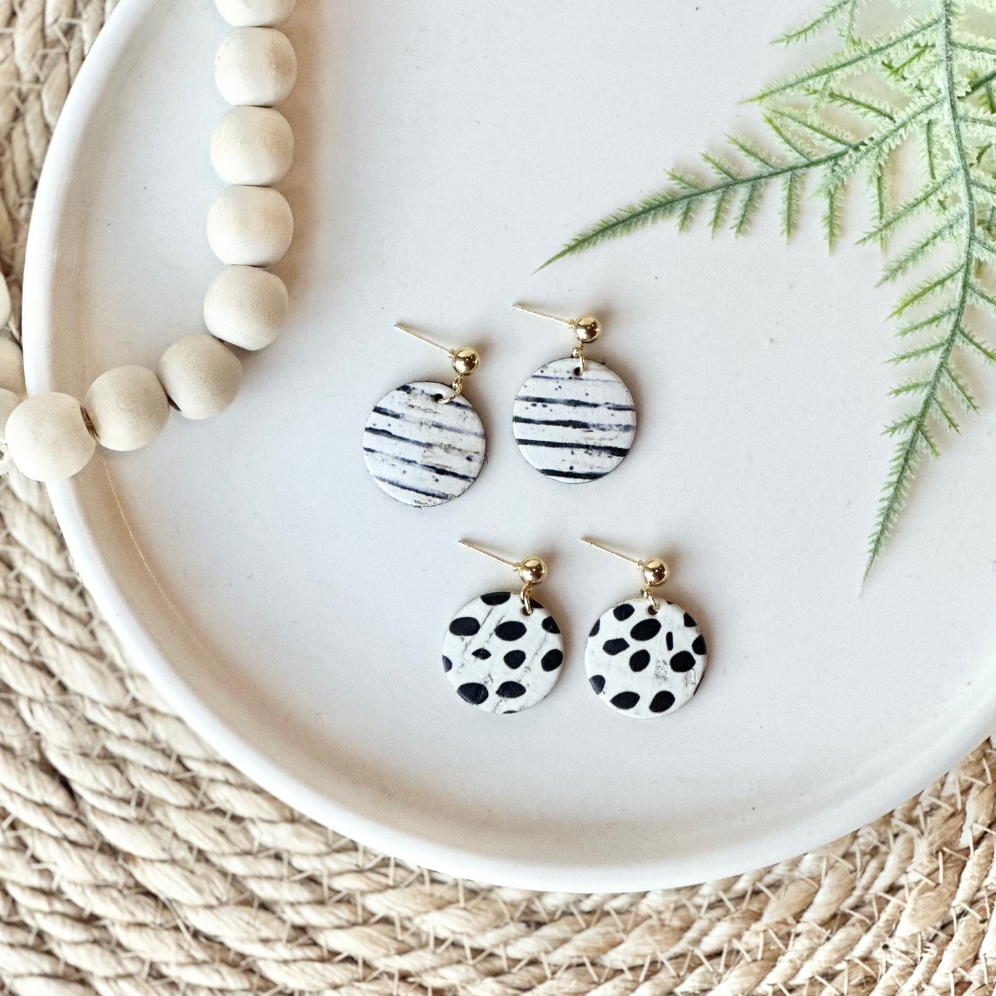 Black and White Stripe Cork Leather Circle + Stud Earrings