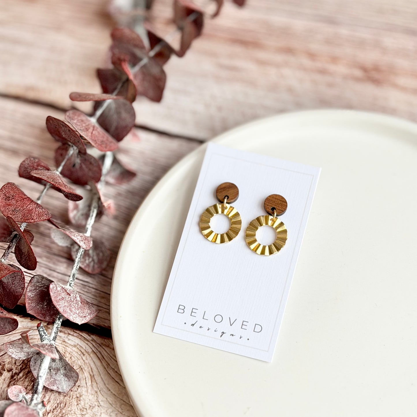 Brass Crinkle Hoop Stud Earrings