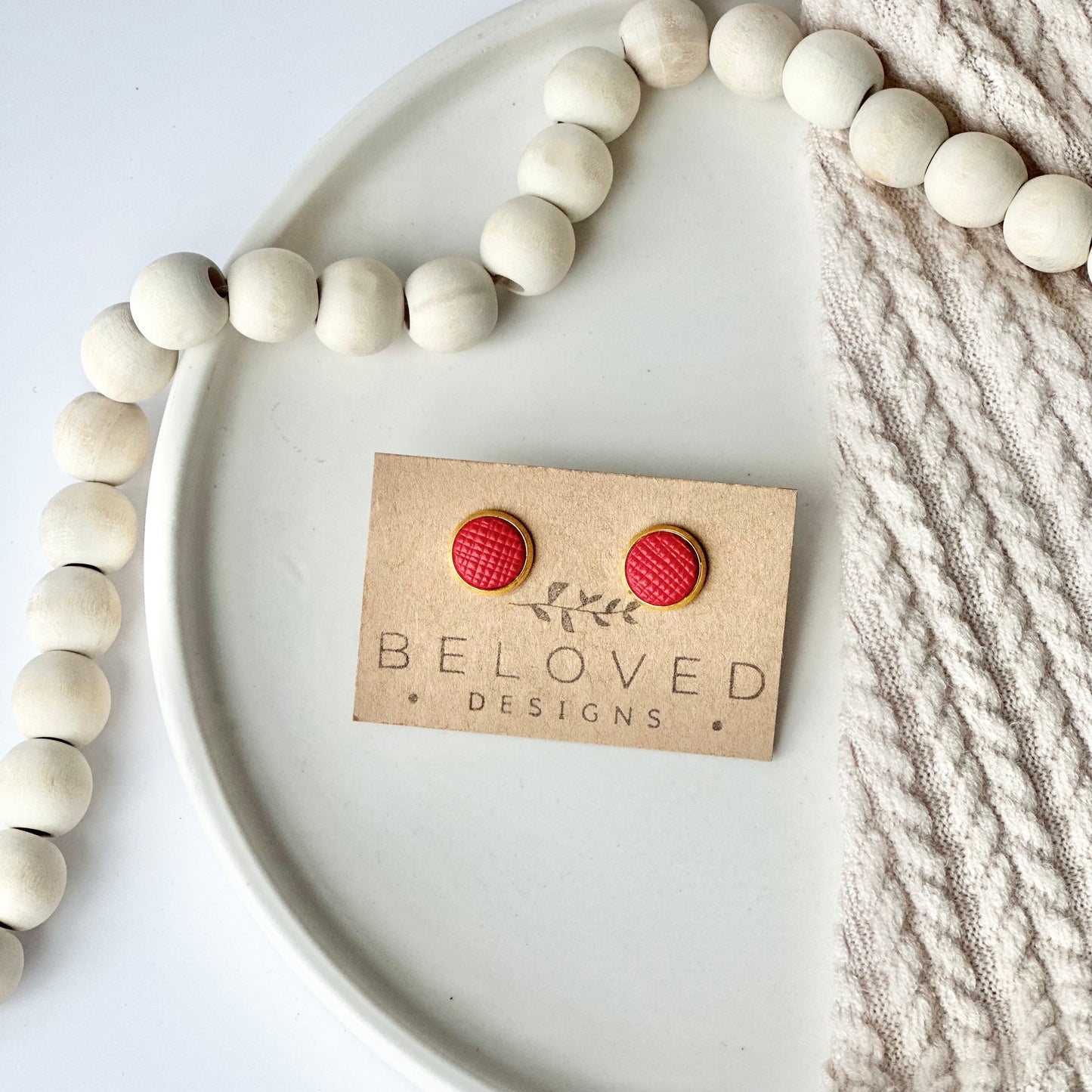 Cherry Red Textured Leather Stud Earrings