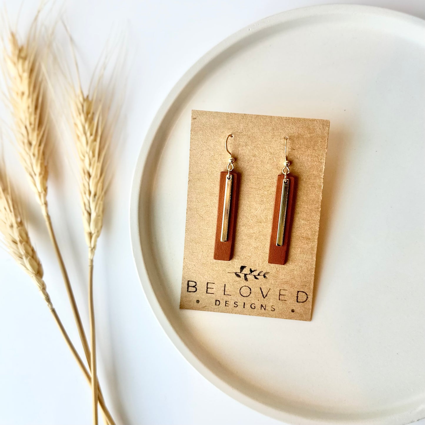 Cognac Leather Bar + Gold Bar Earrings