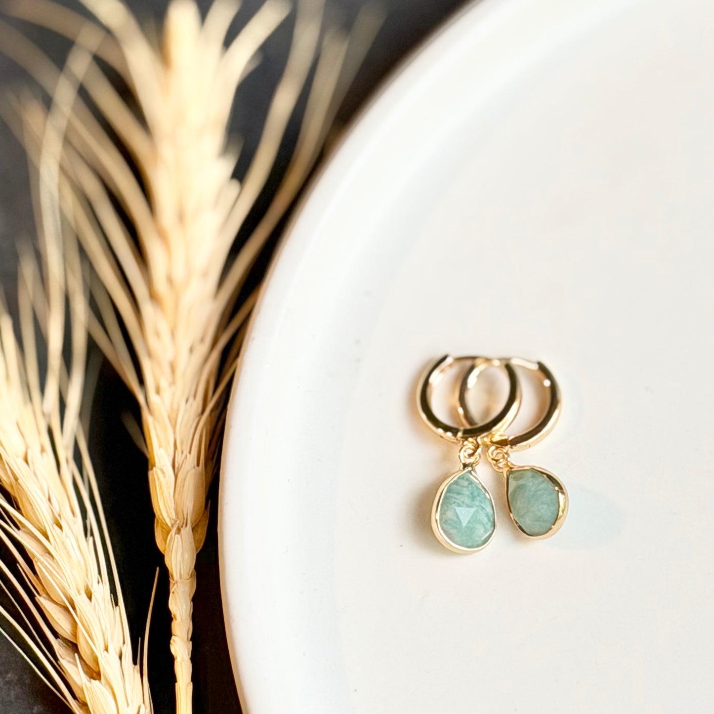 Gold Huggie + Opaque Mint Teardrop Earrings