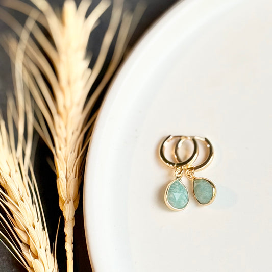 Gold Huggie + Opaque Mint Teardrop Earrings