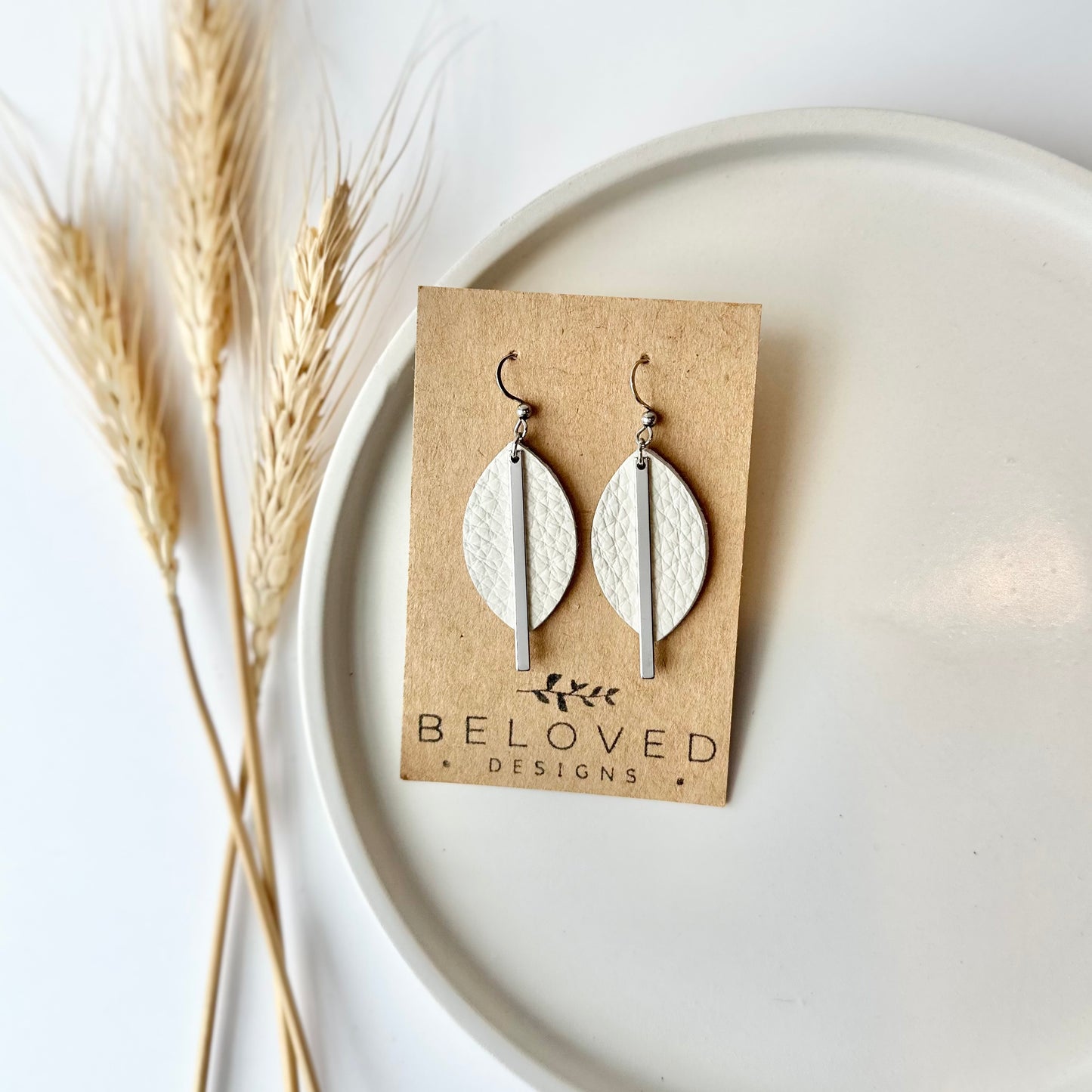 Cream Leather Leaf + Rhodium Bar Earrings