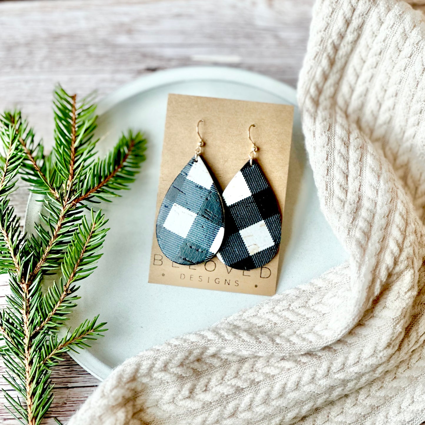 Buffalo Check Leather Teardrop Earrings