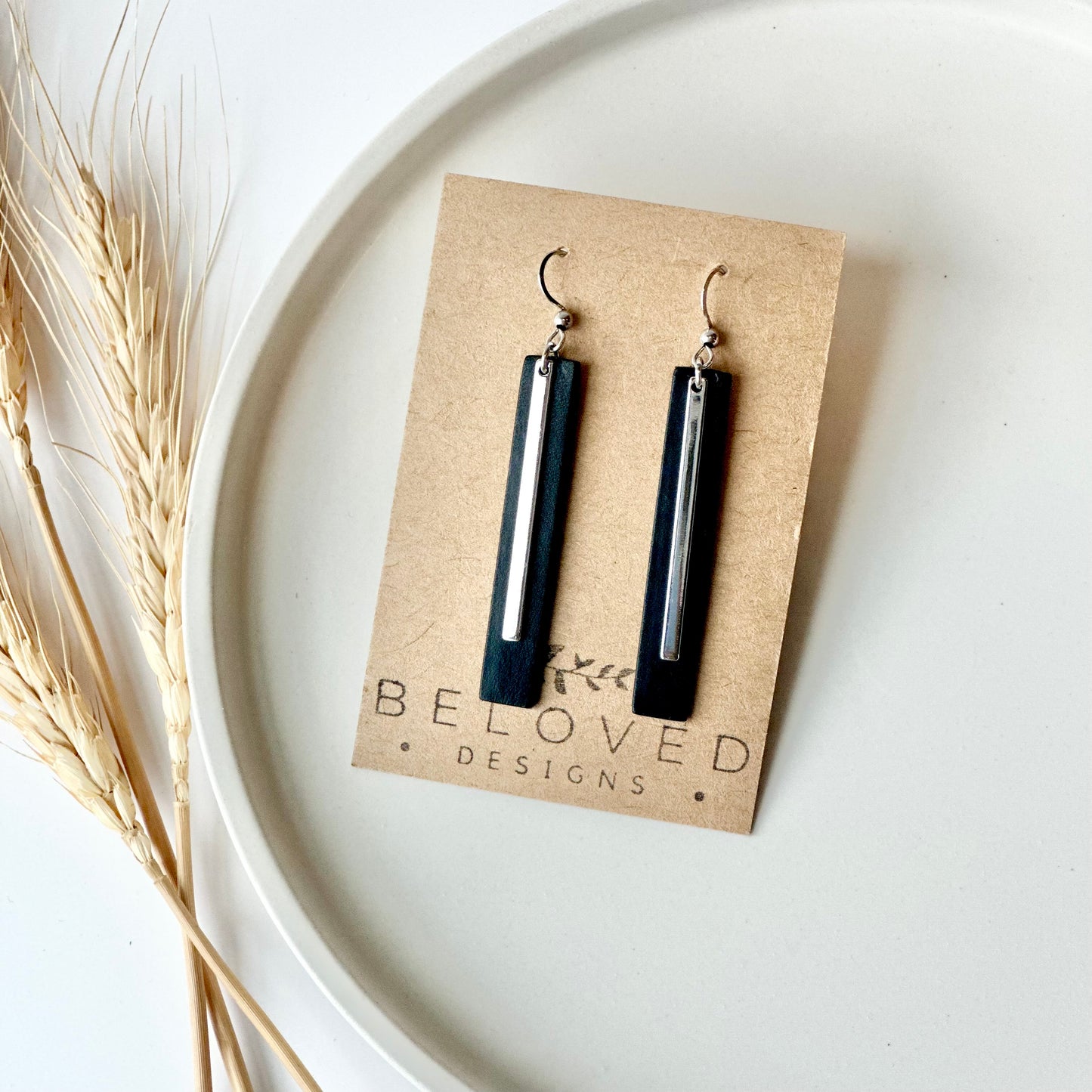 Black Leather Bar + Rhodium Bar Earrings