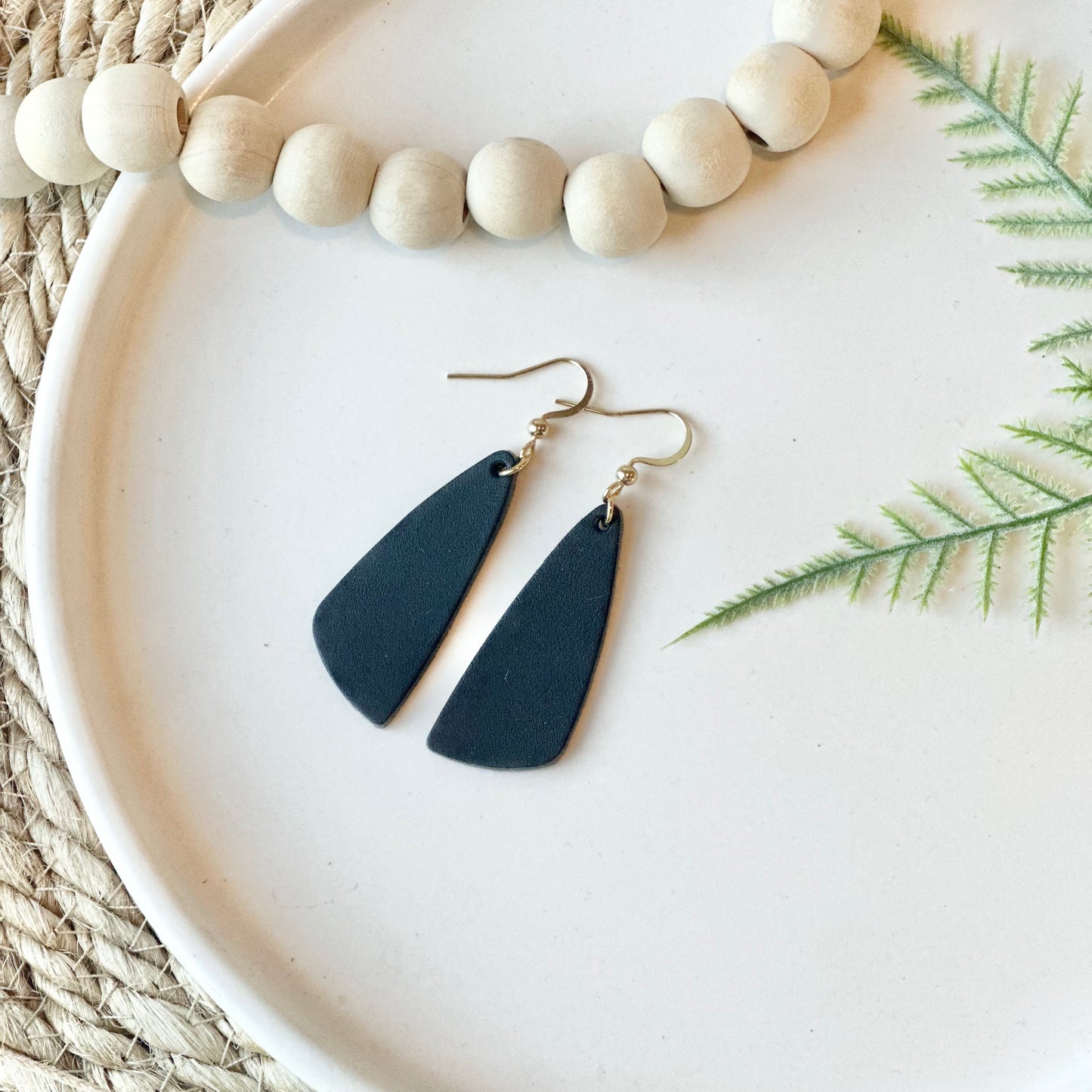 Black Leather Drop Leaf Earrings