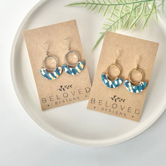 Abstract Teal Cork Leather Crescent + Hoop Earrings