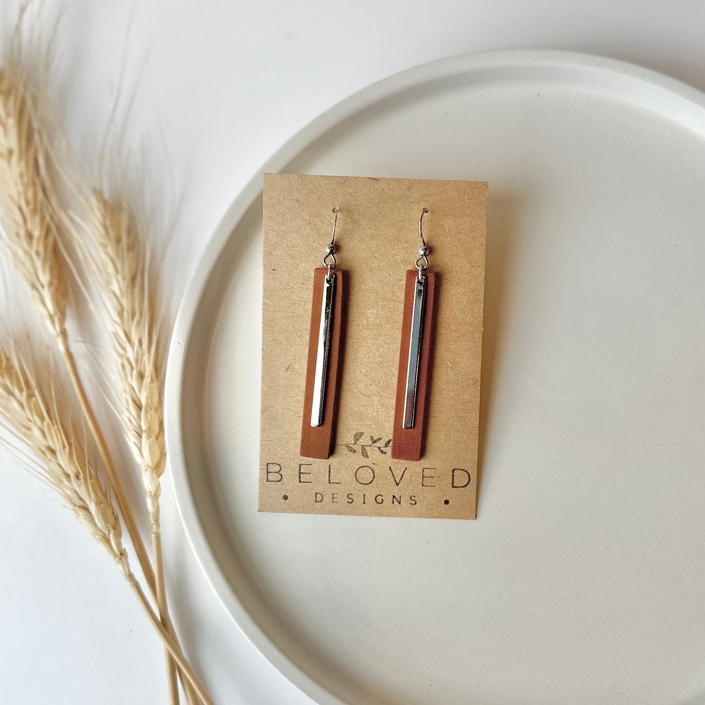 Cognac Leather Bar + Rhodium Bar Earrings