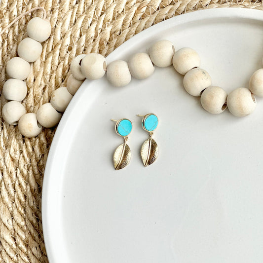 Turquoise Howlite Stud + Gold Leaf Earrings