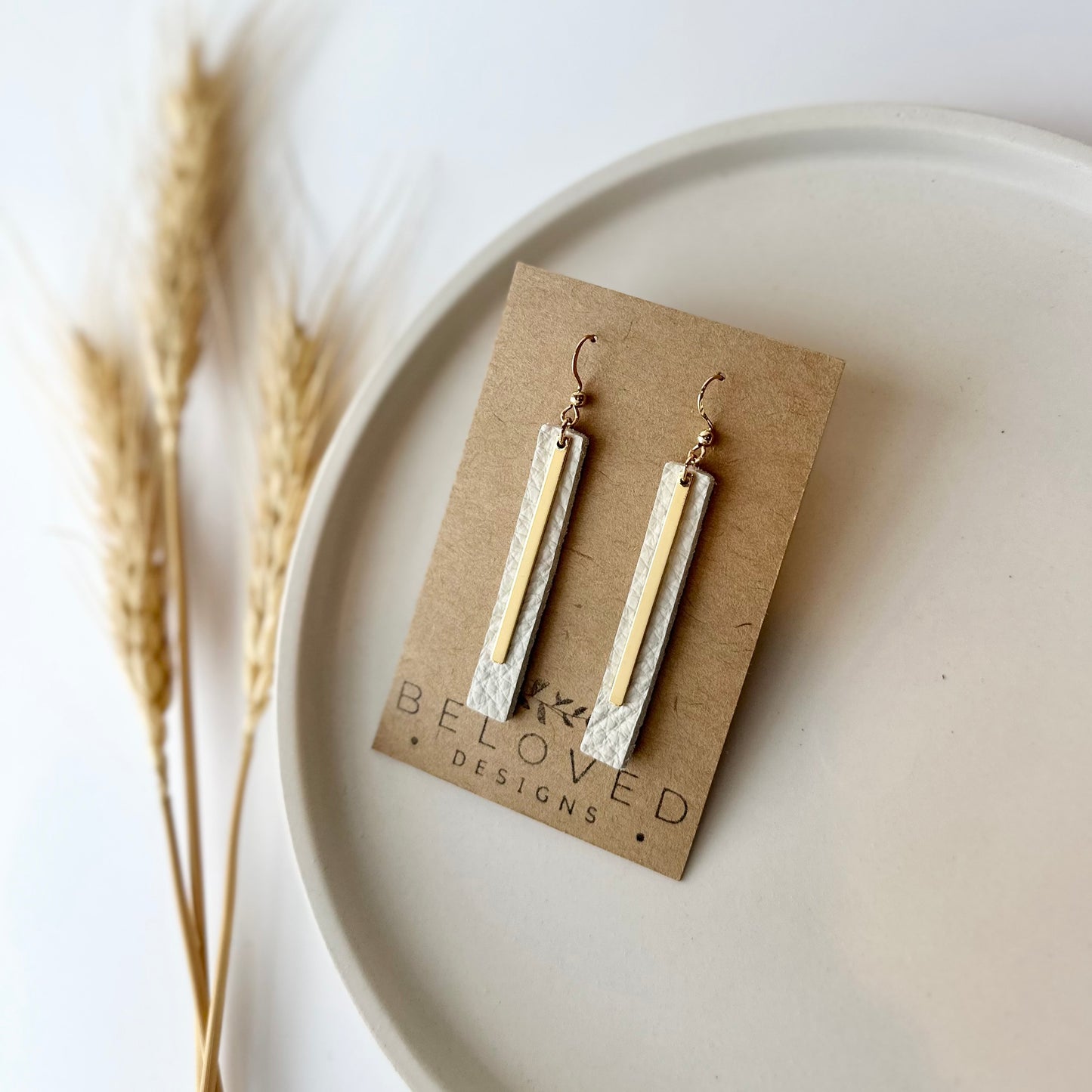 Cream Leather Bar + Gold Bar Earrings