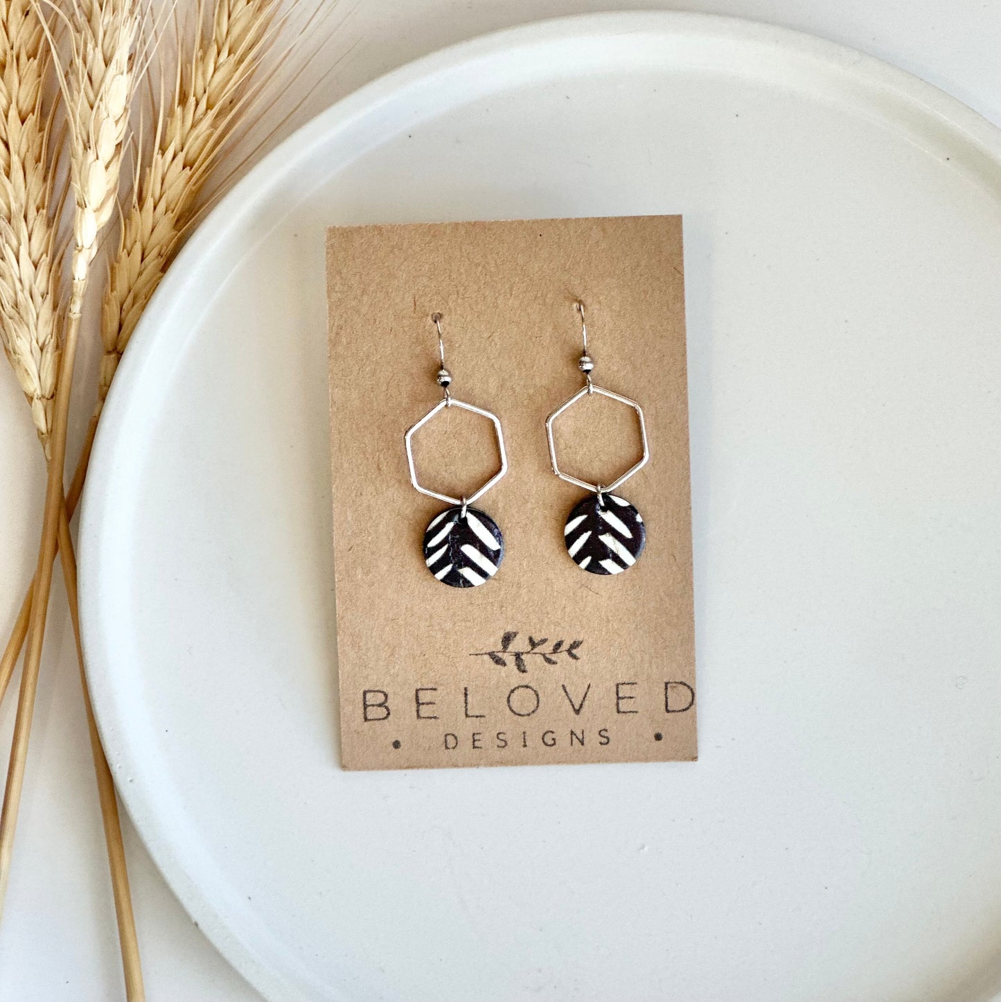 Black and White Chevron Cork Leather + Hexagon Earrings