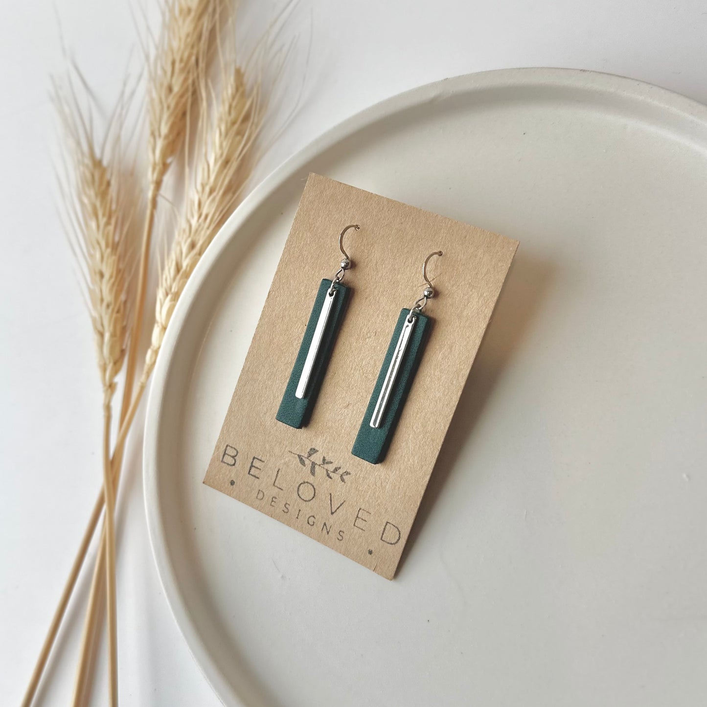 Deep Teal Leather Bar + Rhodium Bar Earrings