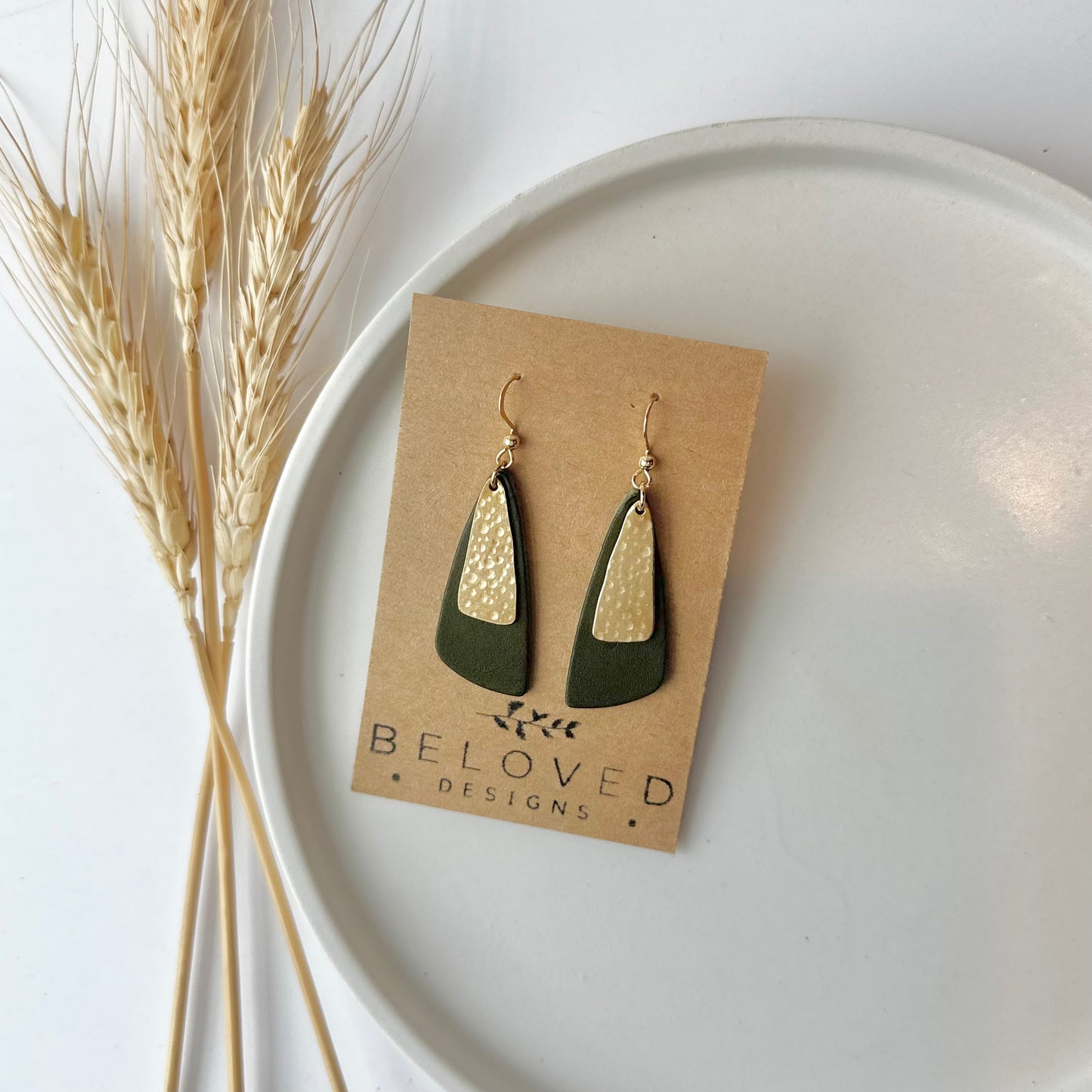 Olive Leather Drop Leaf + Hammered Brass Earrings