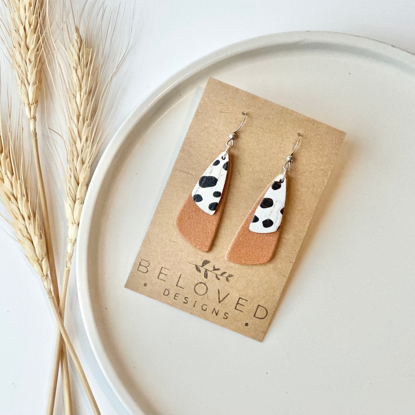 Natural Leather + Dalmatian Cork Drop Leaf Earrings