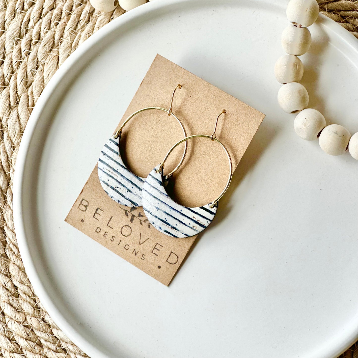 Black and White Stripe Cork Leather + Arch Earrings