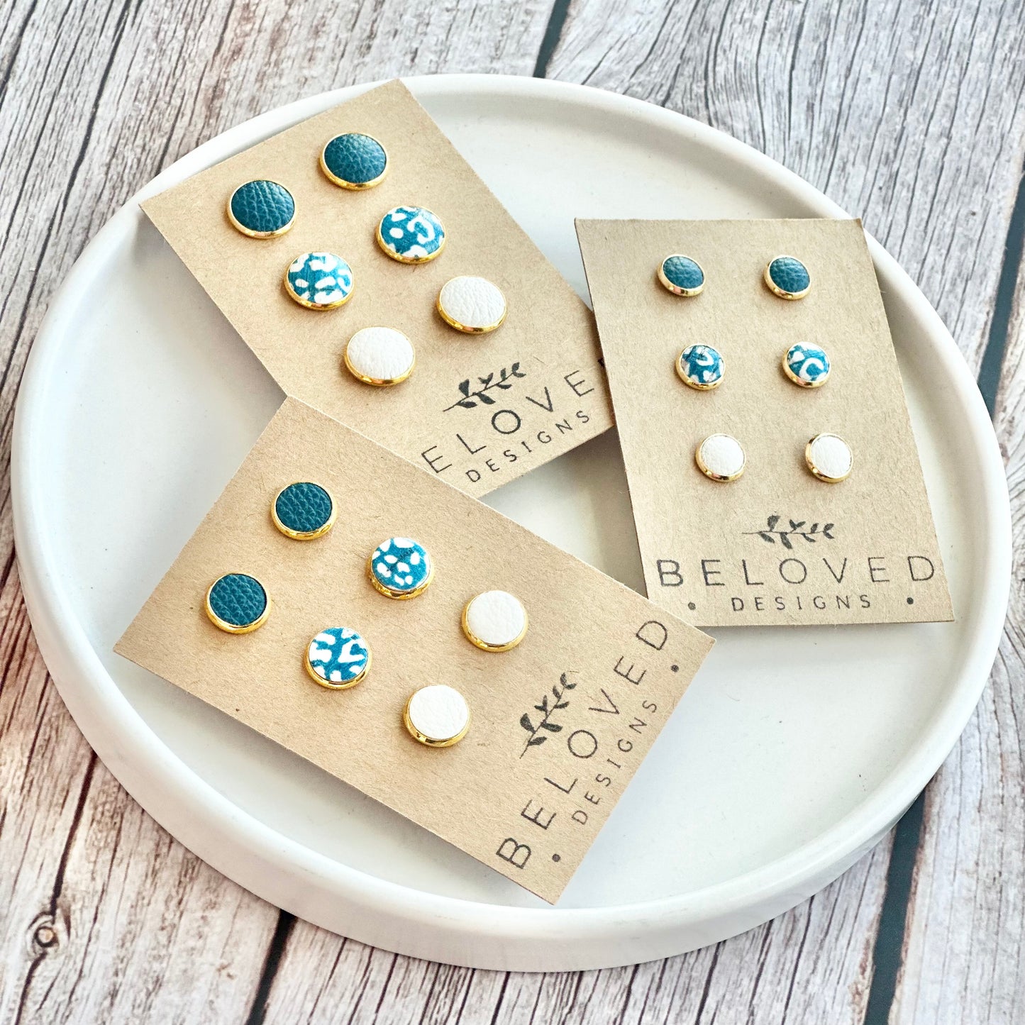 Trio Leather Stud Set - Dark Teal | Teal Leopard | Cream