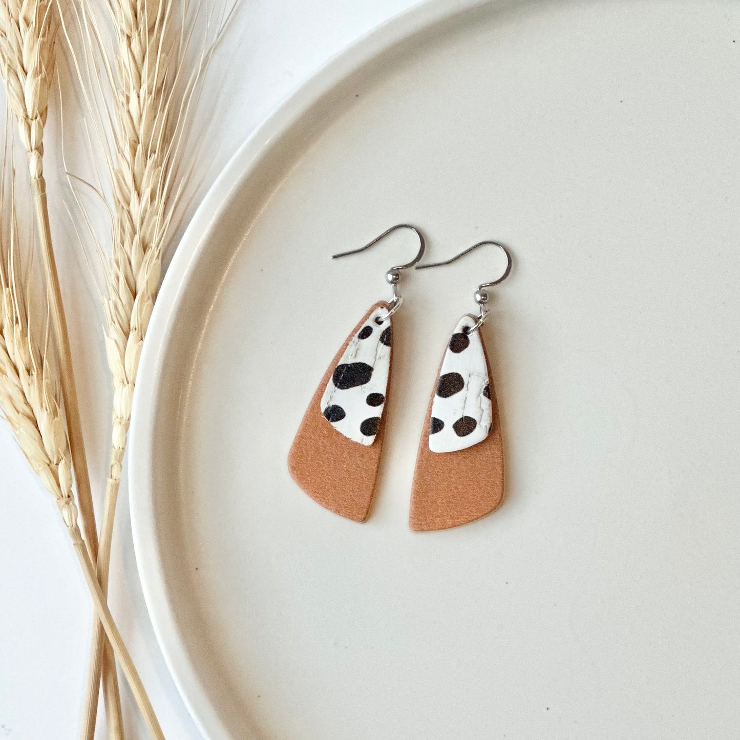 Natural Leather + Dalmatian Cork Drop Leaf Earrings