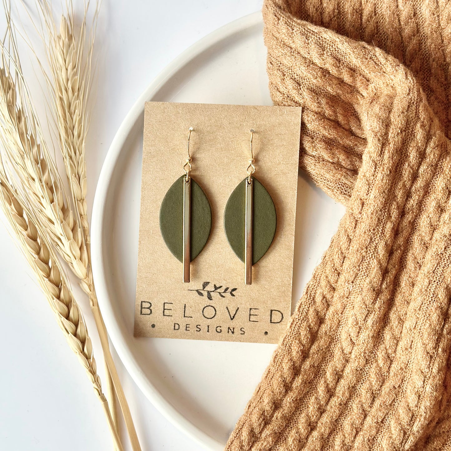 Olive Leather Leaf + Gold Bar Earrings