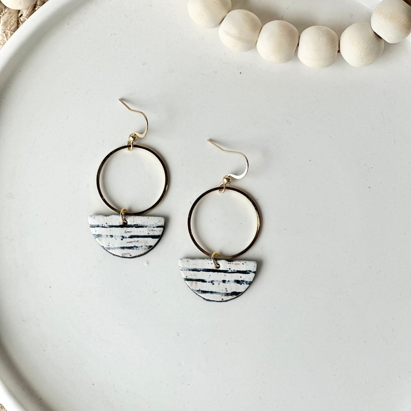 Black and White Cork Leather Half Circle + Hoop Earrings