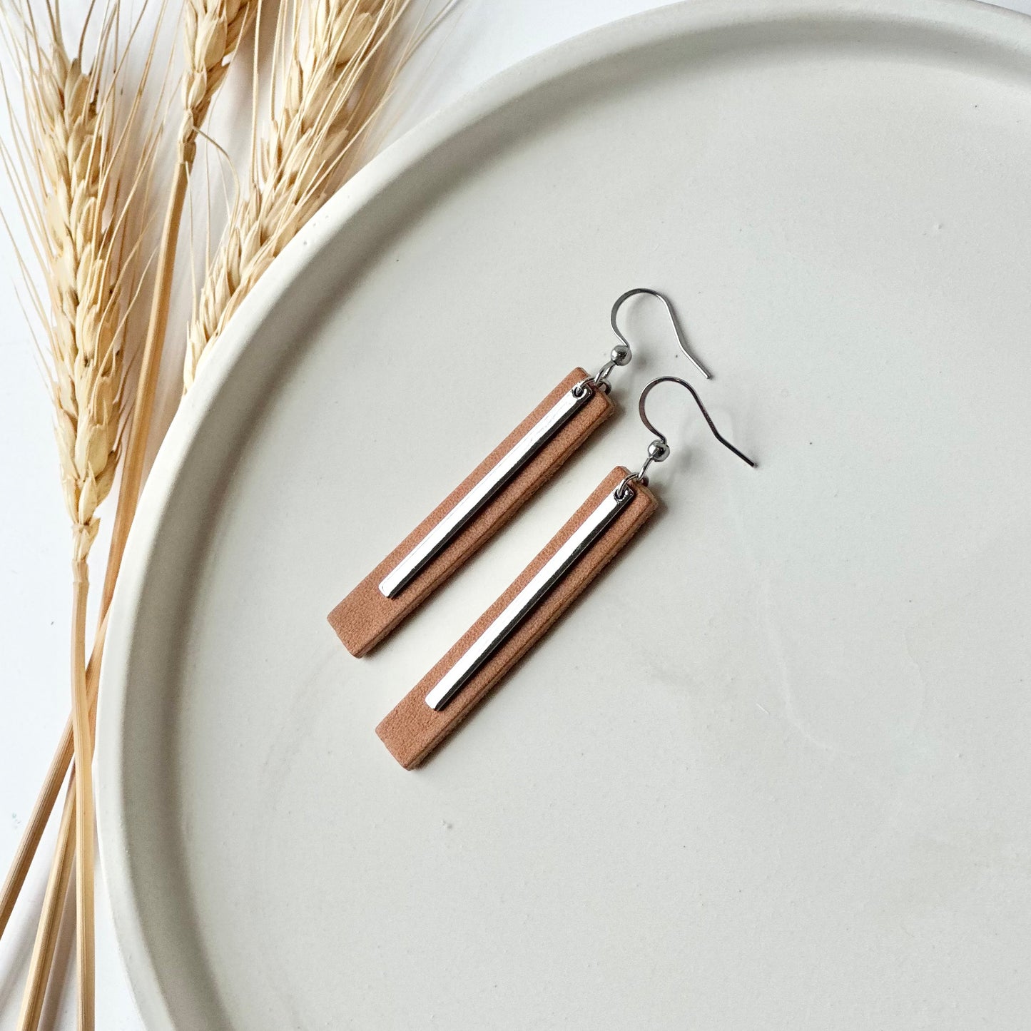 Natural Leather Bar + Rhodium Bar Earrings