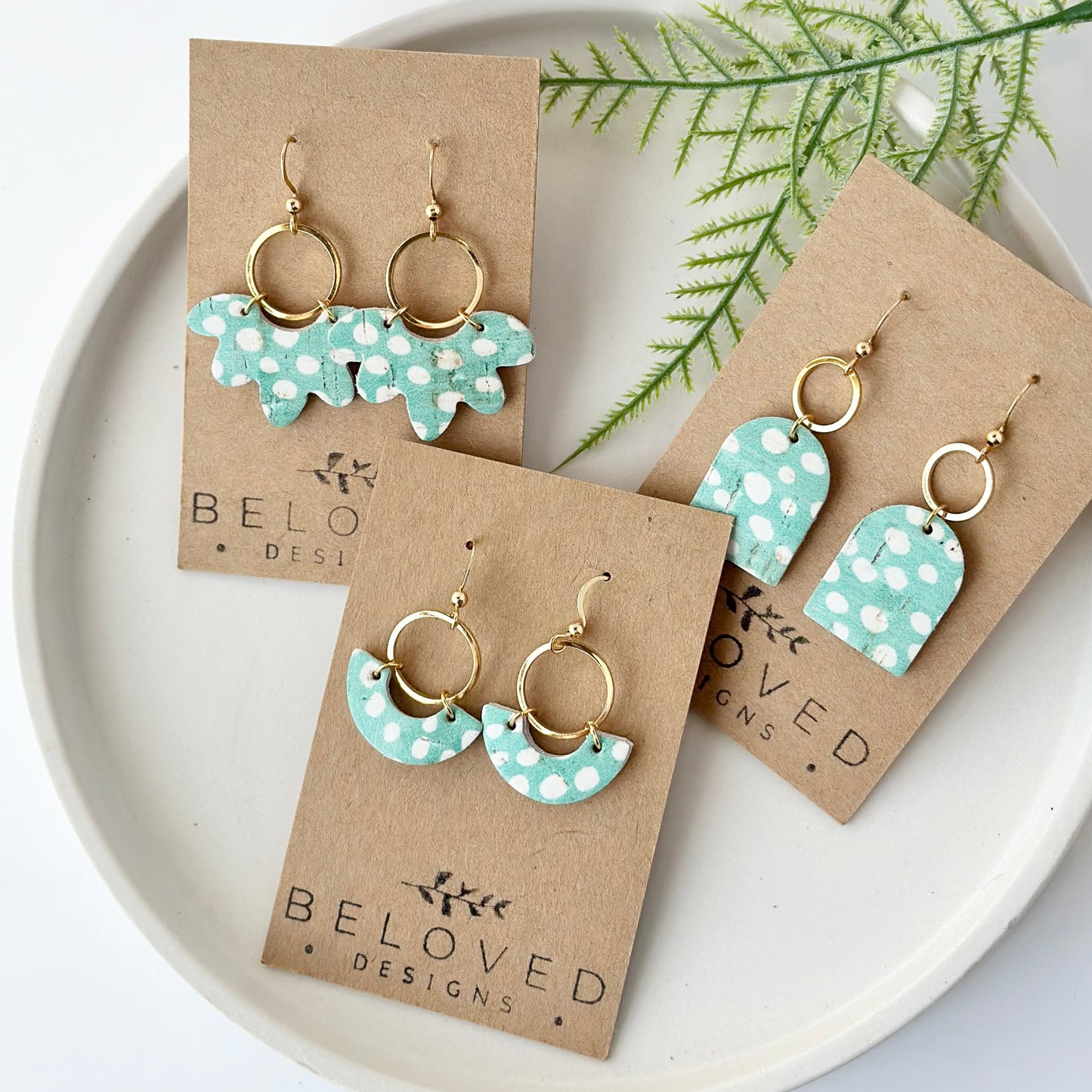 Mint Dots Cork Leather Hoop Earrings