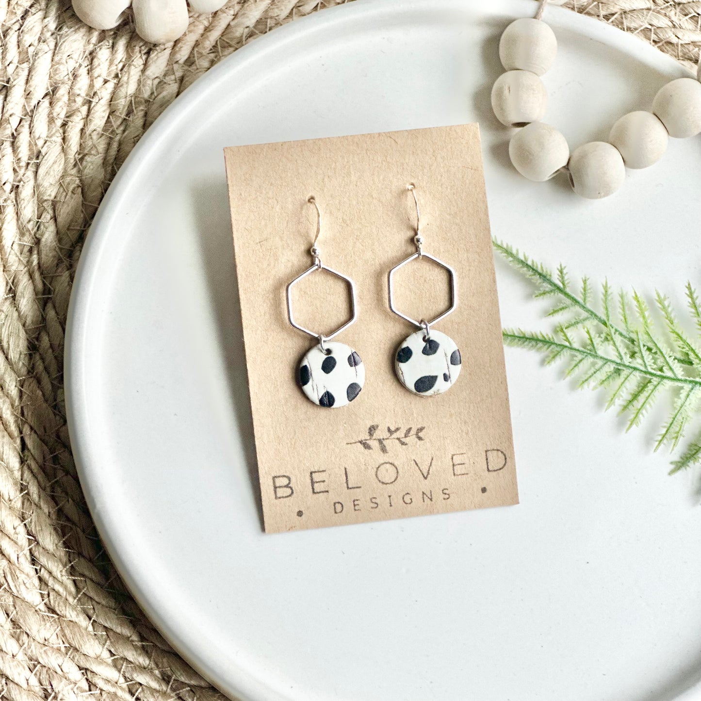 Dalmatian Cork Leather + Hexagon Earrings