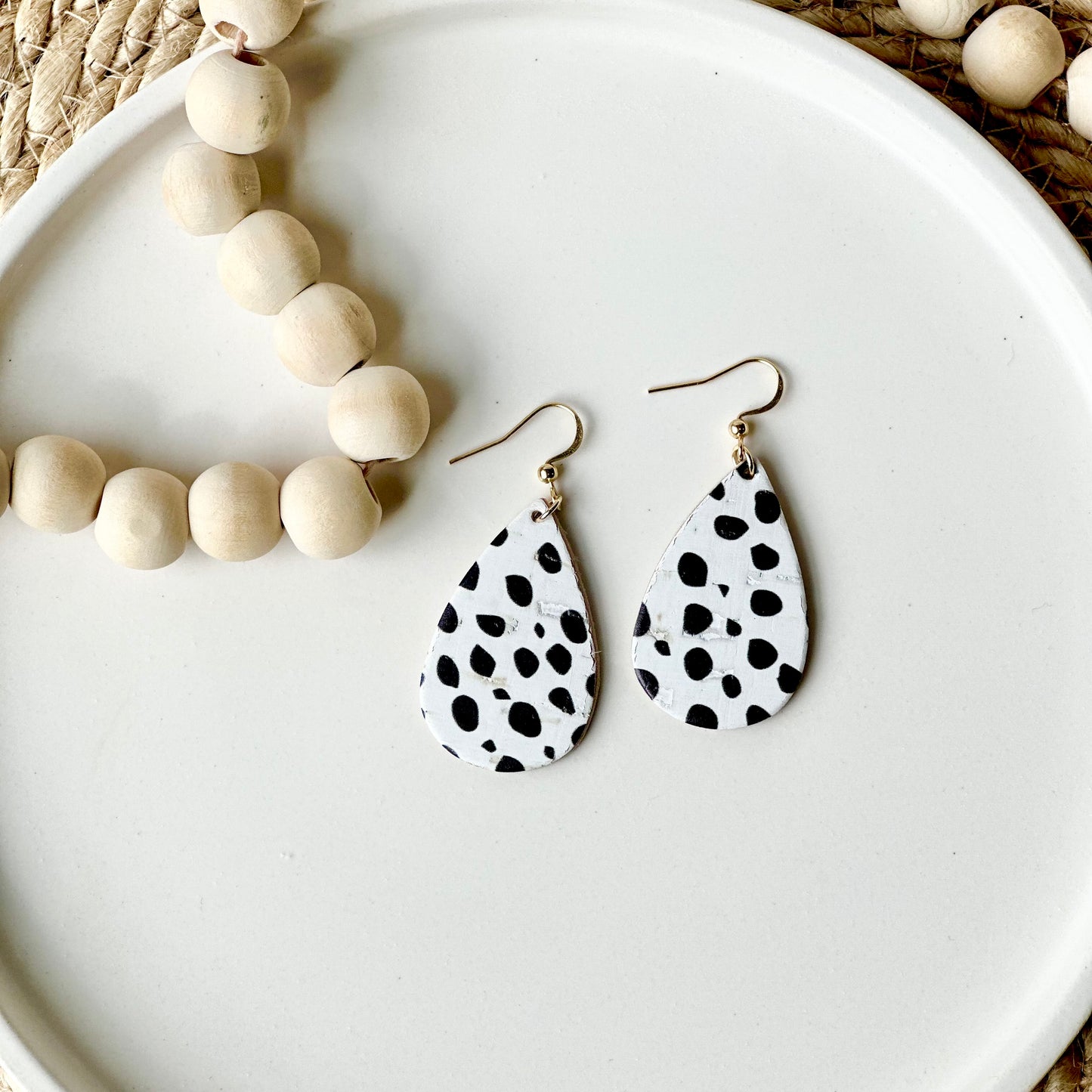 Dalmatian Cork Leather Teardrop Earrings