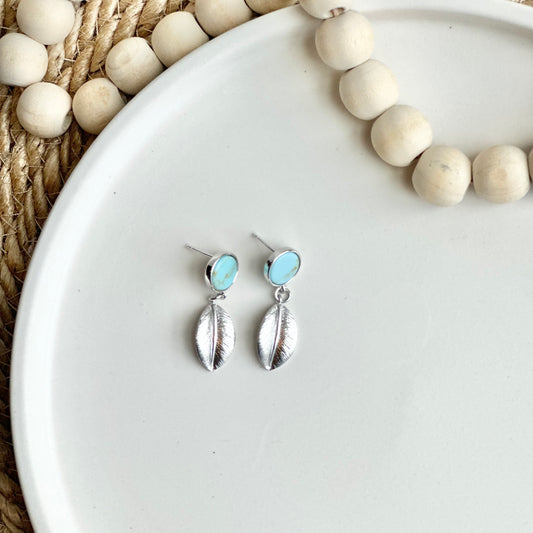 Turquoise Howlite Stud + Silver Leaf Earrings