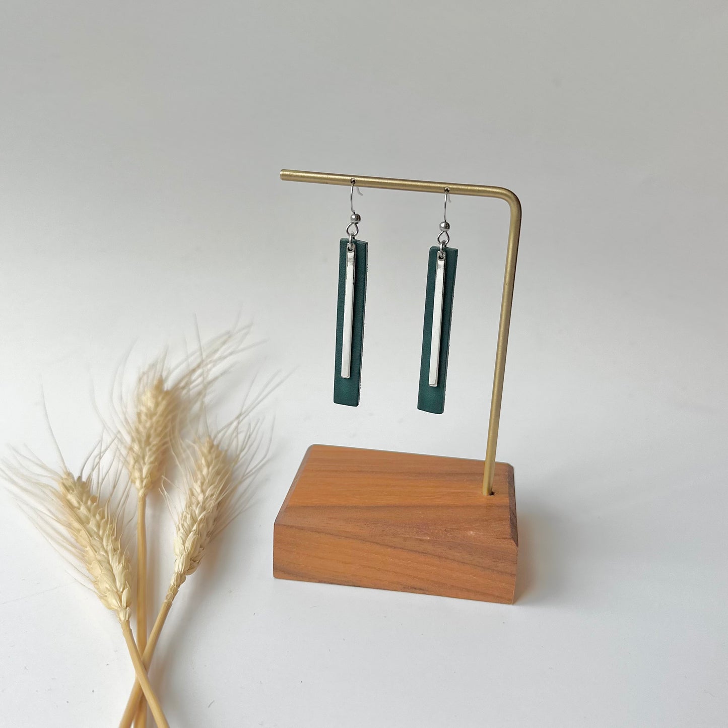 Deep Teal Leather Bar + Rhodium Bar Earrings