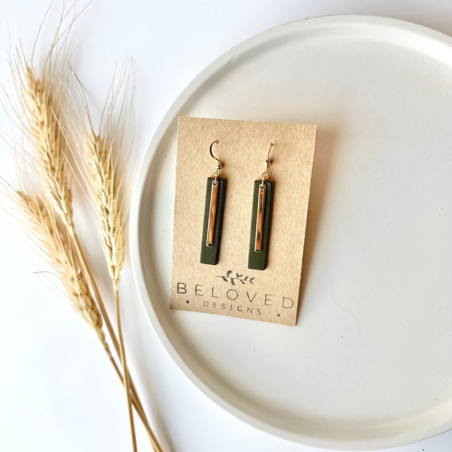 Olive Leather Bar + Gold Bar Earrings