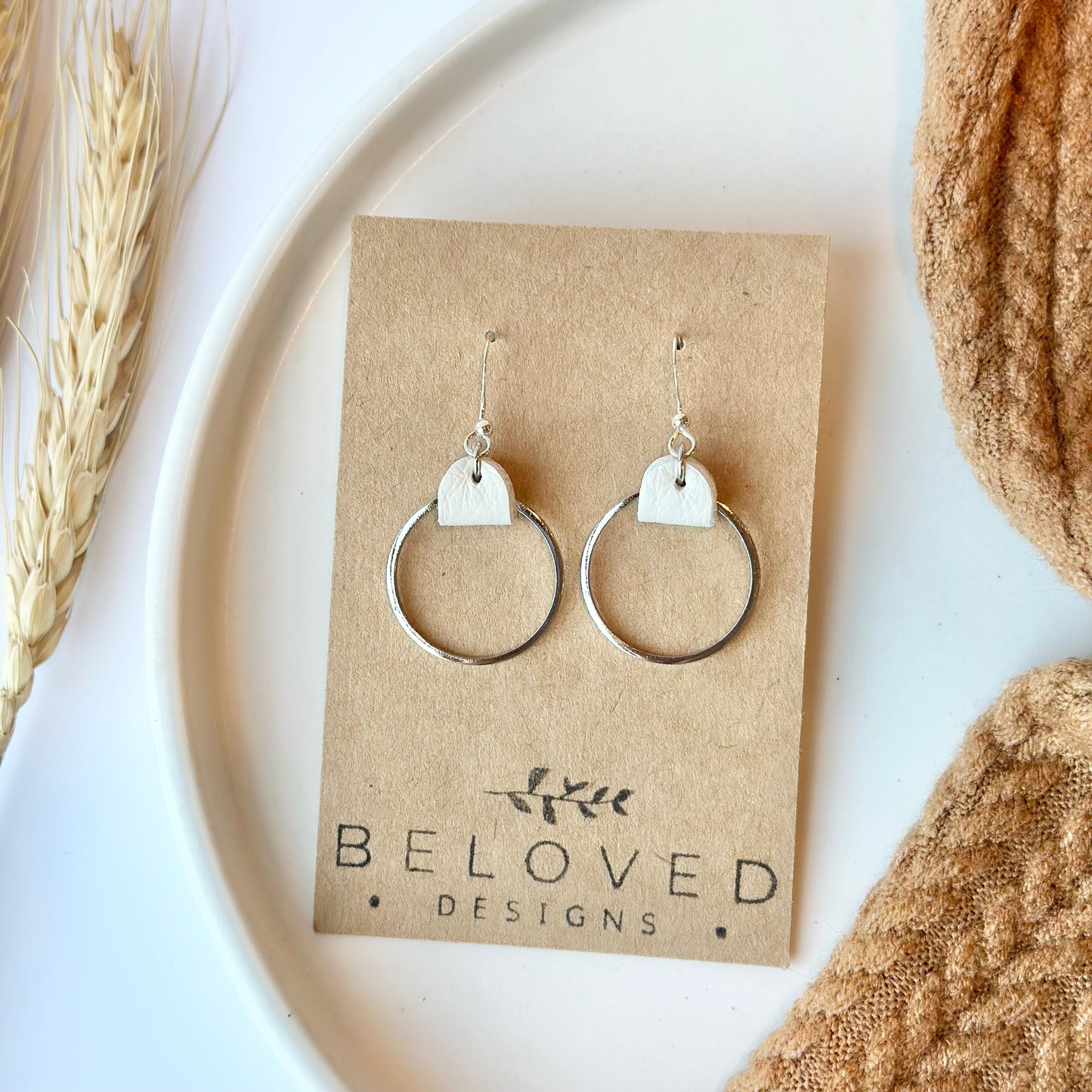 Cream Leather + Rhodium Hoop Earrings