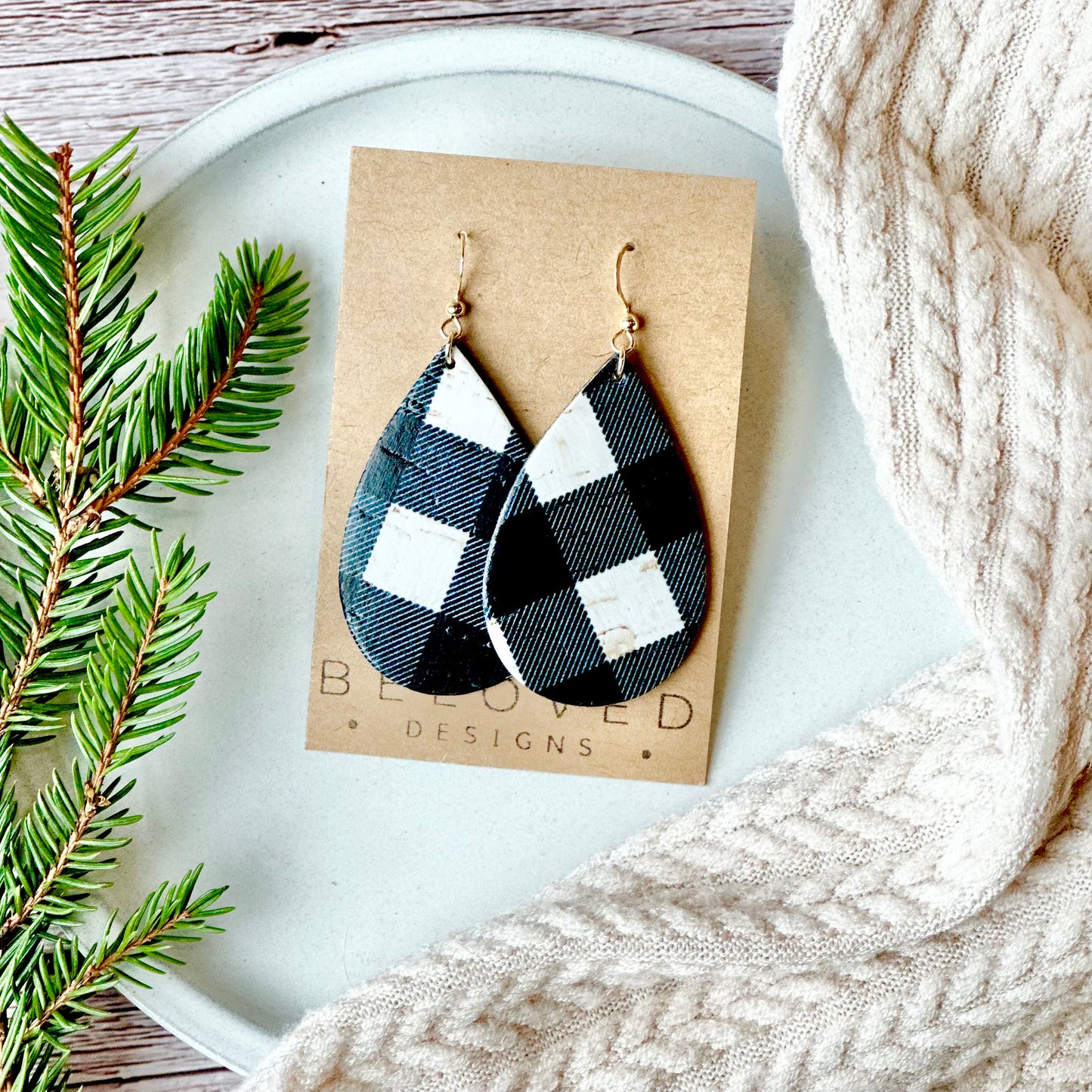 Buffalo Check Leather Teardrop Earrings