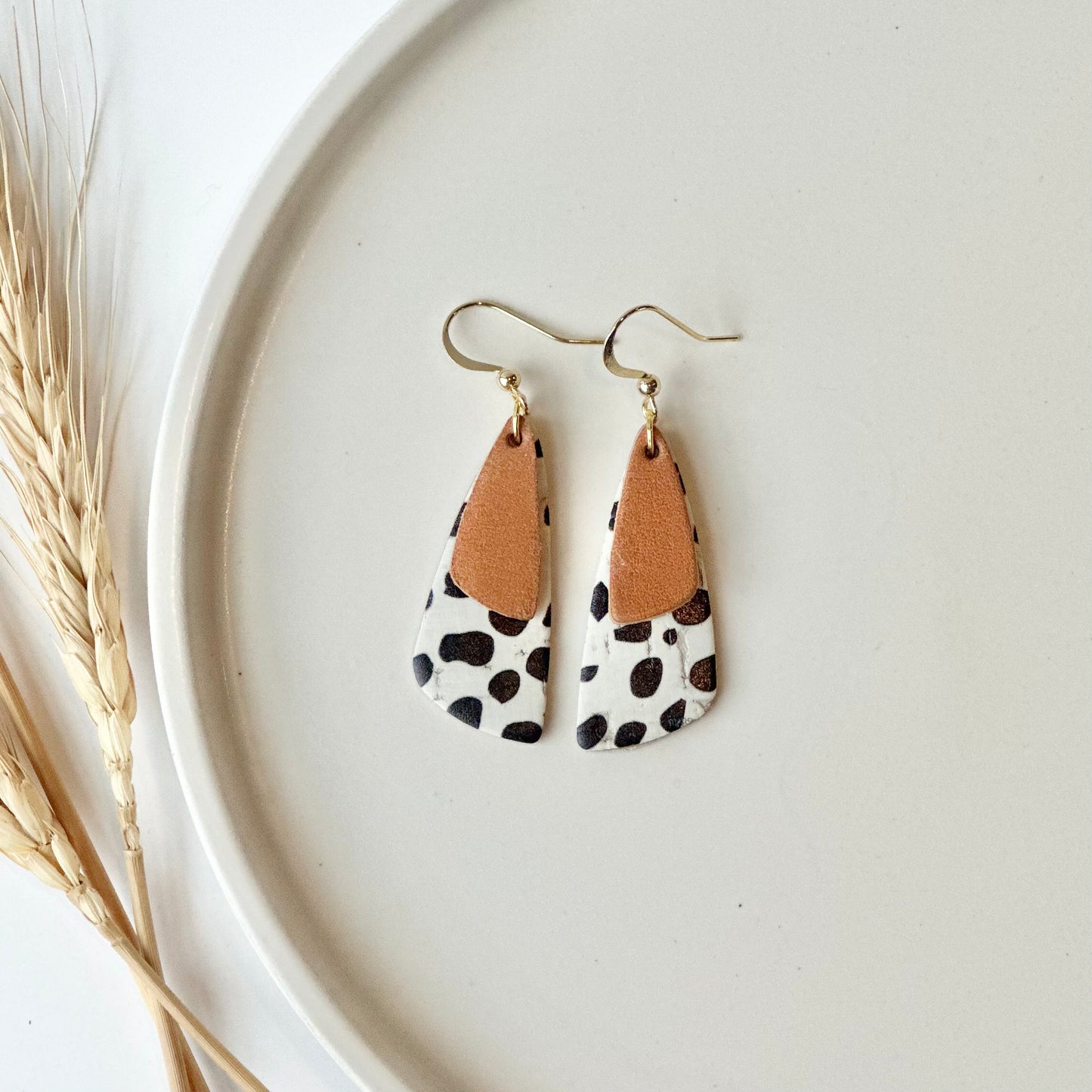 Dalmatian Cork + Natural Leather Drop Leaf Earrings