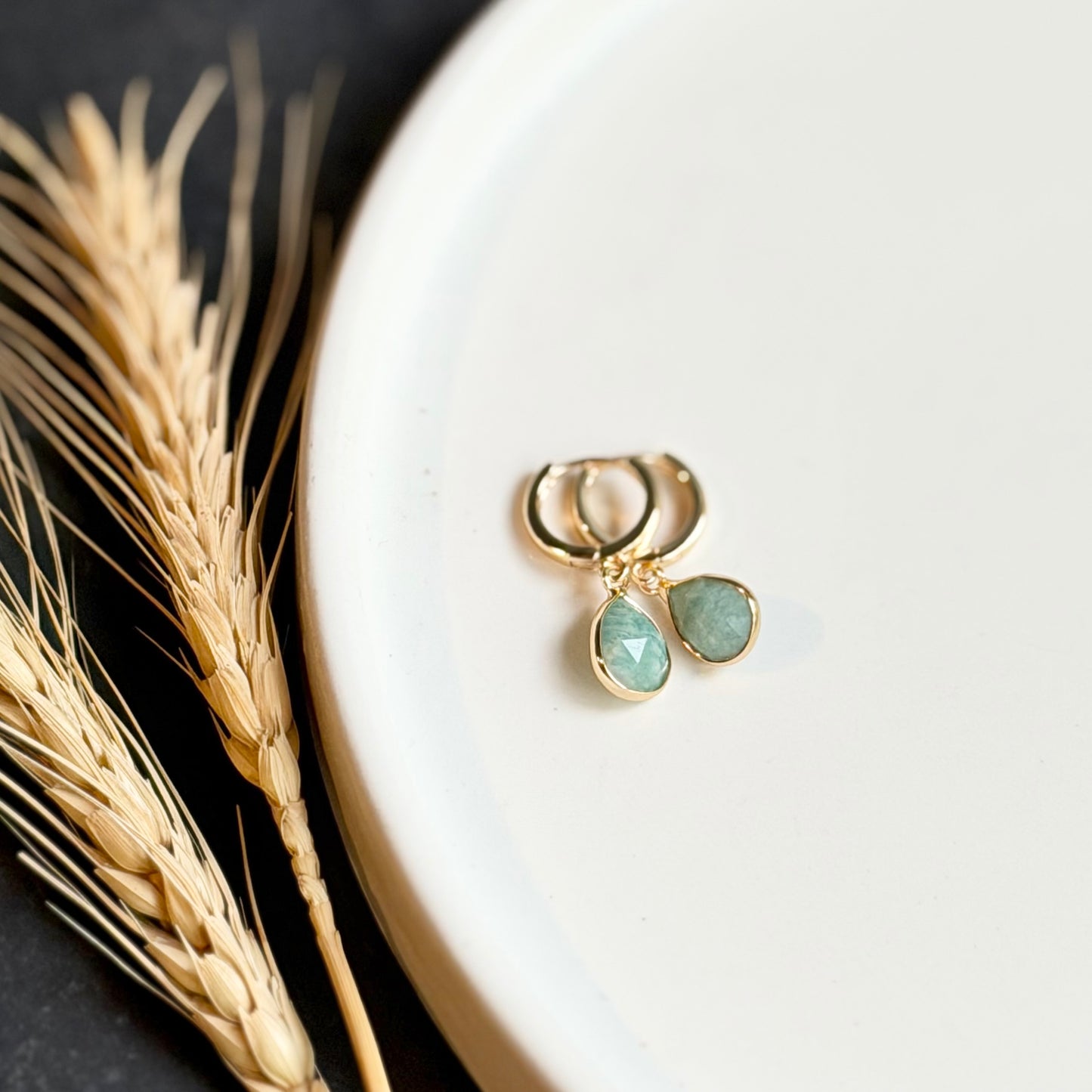 Gold Huggie + Opaque Mint Teardrop Earrings