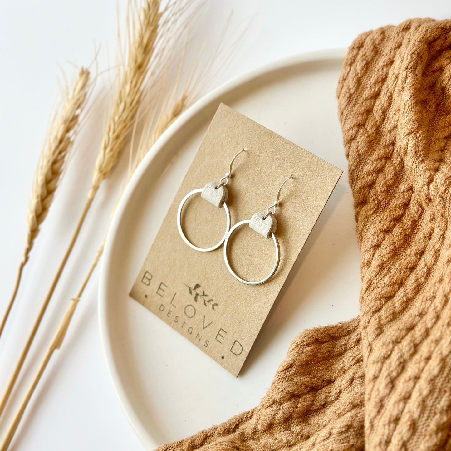 Cream Leather + Rhodium Hoop Earrings - Medium