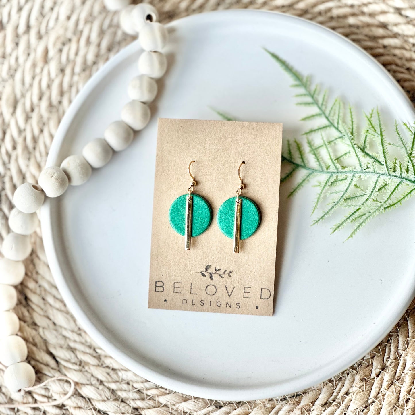 Emerald Green Leather Circle + Bar Earrings