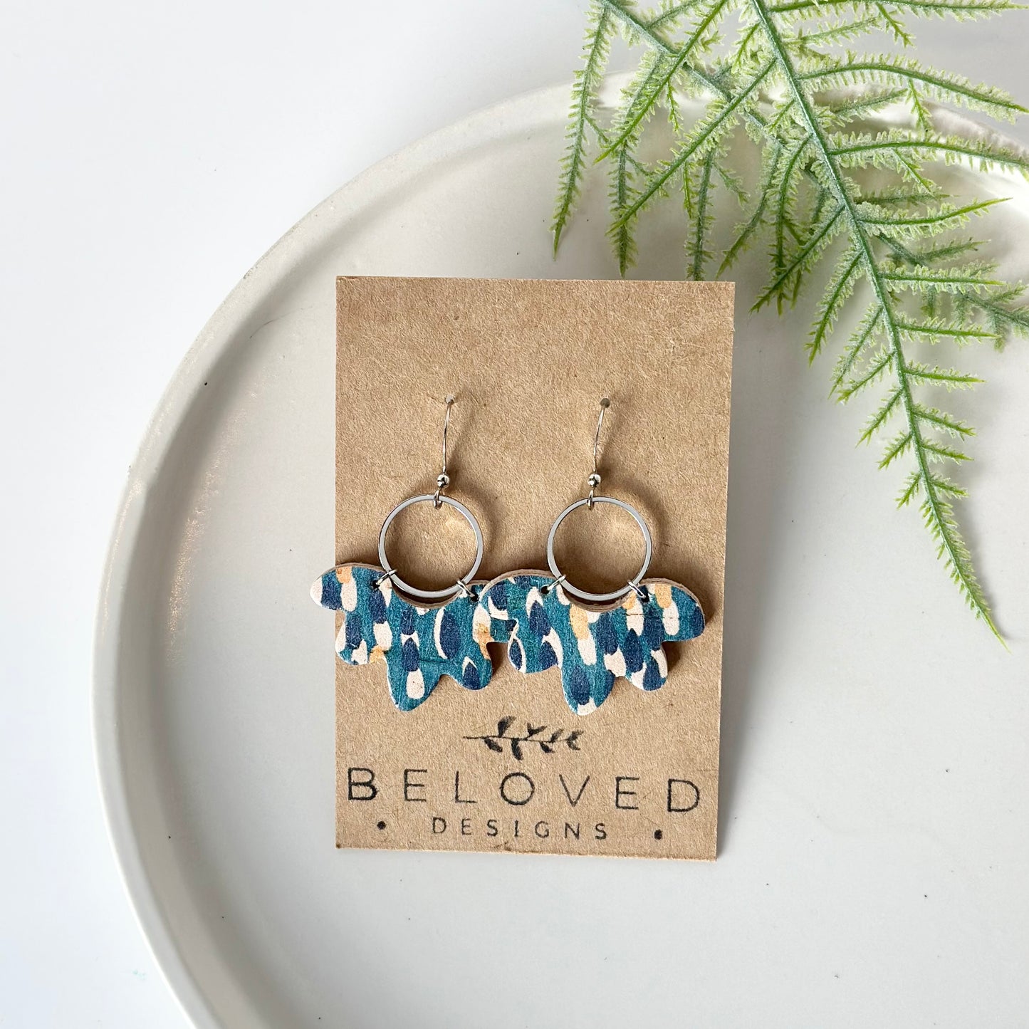 Abstract Teal Cork Leather Flower + Hoop Earrings