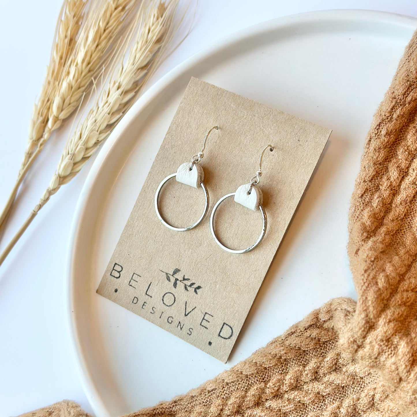 Cream Leather + Rhodium Hoop Earrings