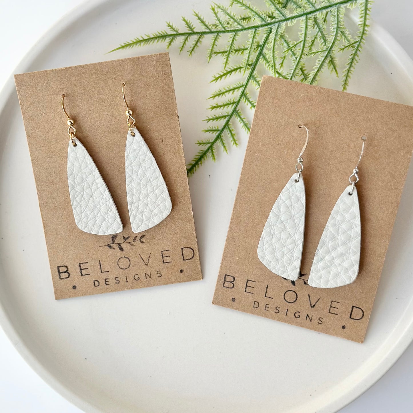 White Leather Drop Leaf Earrings